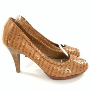 Andrew Geller girly womens heels size 7.5 tan leather woven platforms